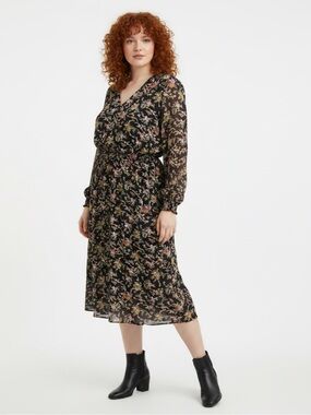 Chaus Black Floral V-Neck Midi Dress